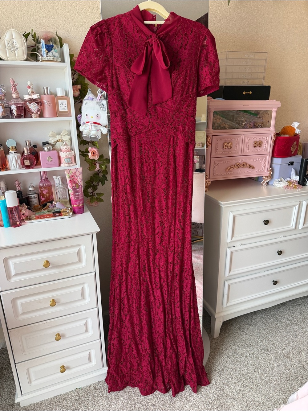 Azazie Deep Burgundy Lace Maxi Dress with Neck Bow